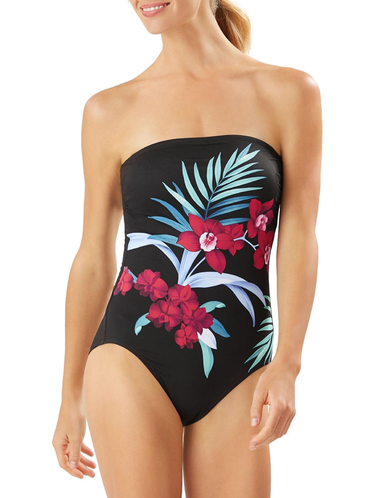 Maiô feminino Tommy Bahama Midnight Orchid Bandeau com controle de barriga, preto, tamanho 8