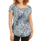 Blusa feminina estampada com ombros descobertos, azul, tamanho X-S