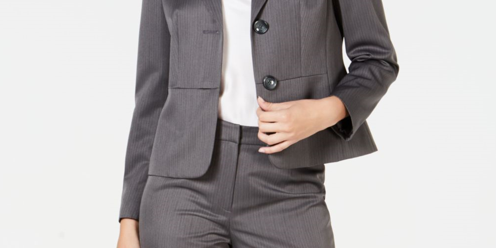 Jaqueta feminina Le Suit com botões e listras cinza, tamanho 2, pequena