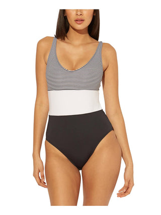 Maiô feminino Bleu Rod Beattie com listras elásticas, bojo removível, decote em V profundo, cobertura moderada, preto, tamanho 10