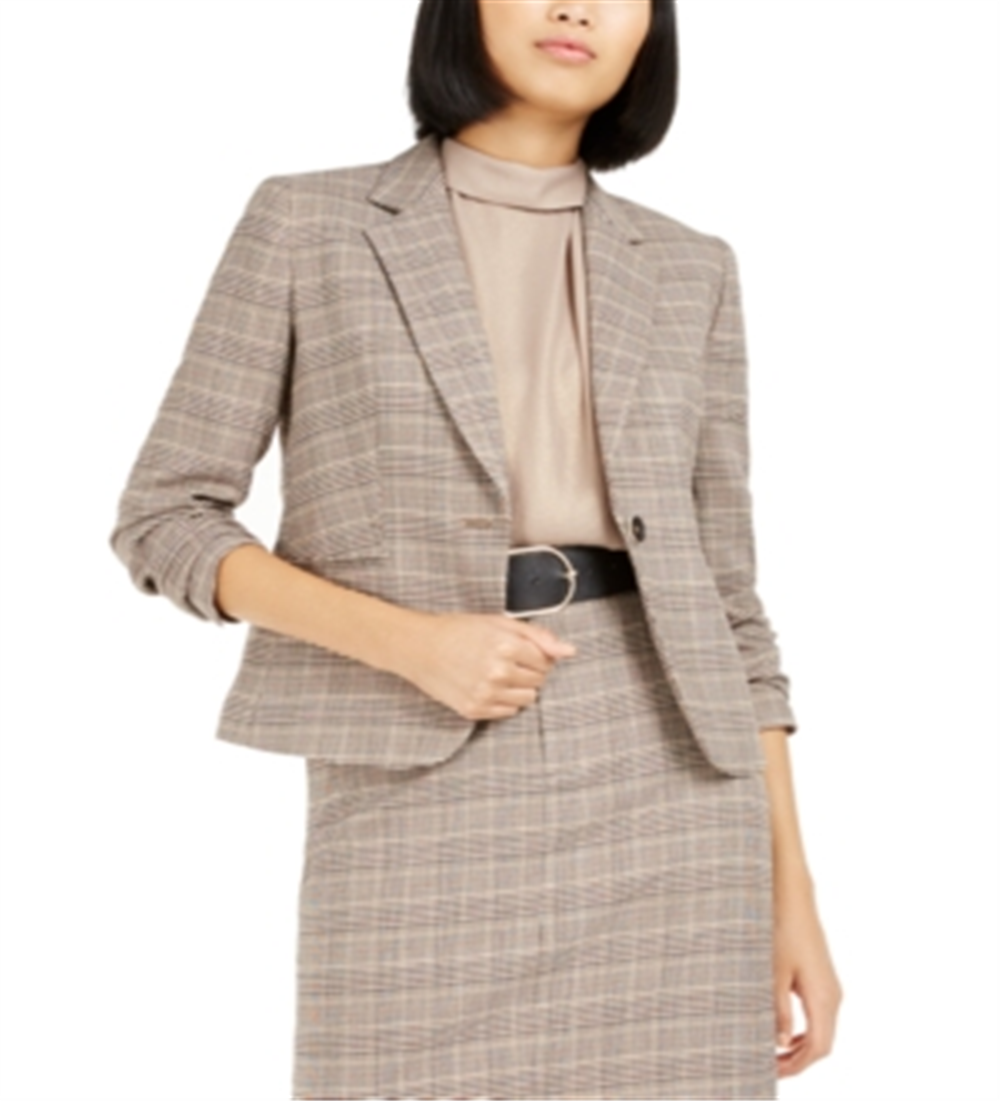 Blazer xadrez feminino Bar III com um botão, marrom, tamanho 6
