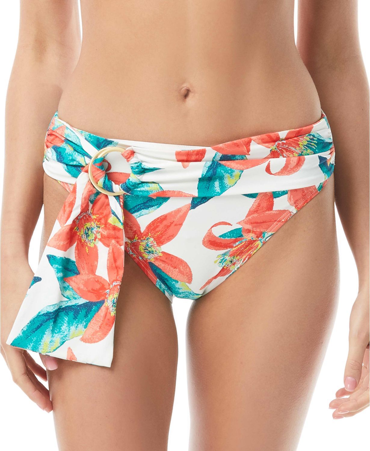 Vince Camuto Calcinha de biquíni feminina com estampa floral e cinto, maiô branco, tamanho pequeno