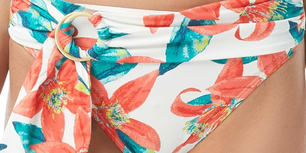 Vince Camuto Calcinha de biquíni feminina com estampa floral e cinto, maiô branco, tamanho pequeno