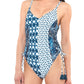 Maiô feminino Jessica Simpson contemporâneo Batik Babe com decote em V e amarrações laterais ajustáveis, azul, tamanho médio
