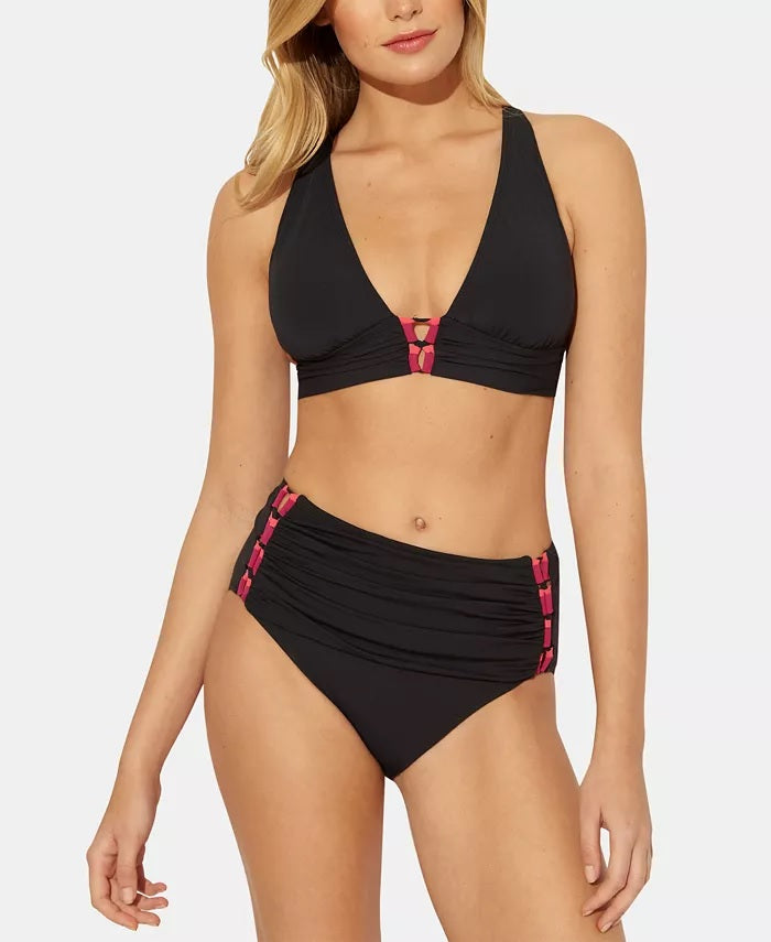 Blusa de maiô feminina Bleu com bojo removível e elástico, decote em V profundo, ajustável, preta, tamanho 34 D