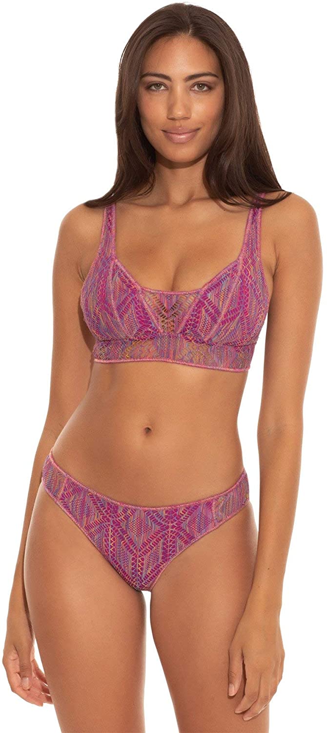 Top de maiô feminino Becca com bojo não removível, gravata de crochê, decote redondo, em mosaico, roxo, tamanho pequeno