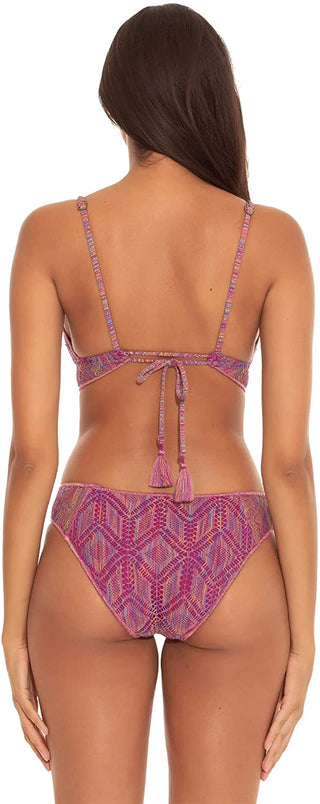Top de maiô feminino Becca com bojo não removível, gravata de crochê, decote redondo, em mosaico, roxo, tamanho pequeno
