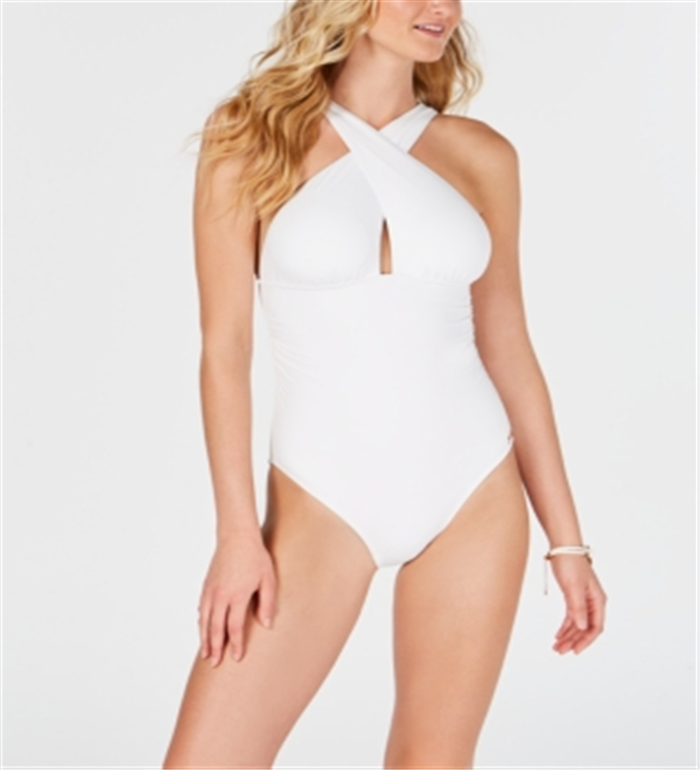 Maiô feminino Michael Kors sólido conversível franzido, branco, tamanho 8