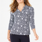 Camisa polo feminina Charter Club com estampa de manga 3/4, azul, tamanho grande