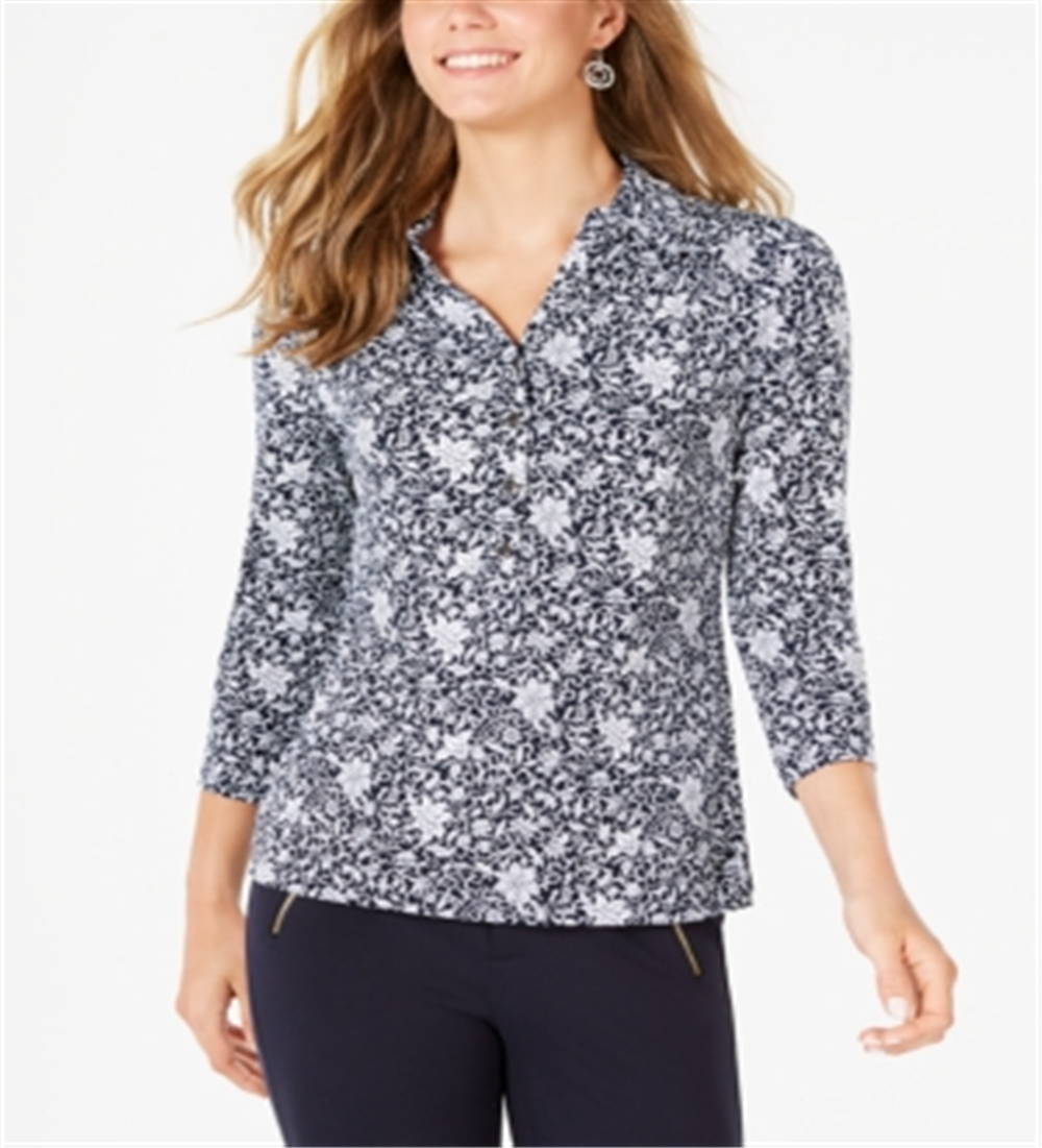 Camisa polo feminina Charter Club com estampa de manga 3/4, azul, tamanho grande