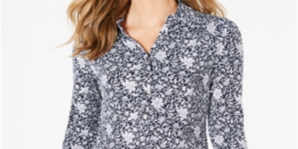 Camisa polo feminina Charter Club com estampa de manga 3/4, azul, tamanho grande