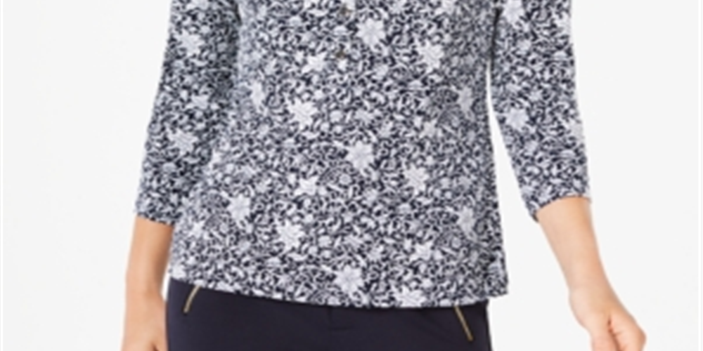 Camisa polo feminina Charter Club com estampa de manga 3/4, azul, tamanho grande