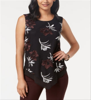 Alfani Women's Printed Embroidered Pointed Hem Top Black Size Petite Small