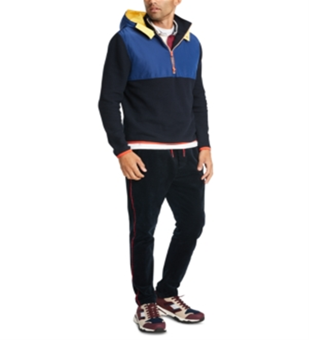 Tommy Hilfiger Moletom com capuz masculino com blocos de cores e zíper de um quarto, azul-marinho, vários tamanhos M