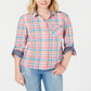 Camisa feminina Tommy Hilfiger com estampa xadrez e botões, tamanho médio, laranja