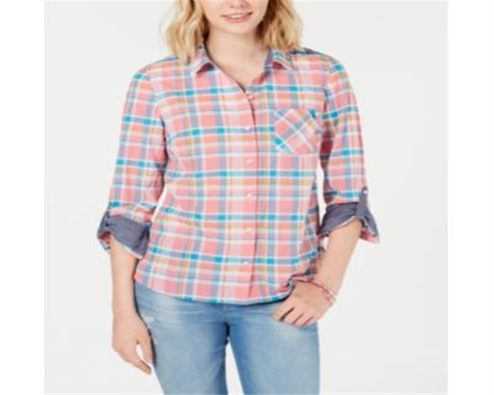 Camisa feminina Tommy Hilfiger com estampa xadrez e botões, tamanho médio, laranja