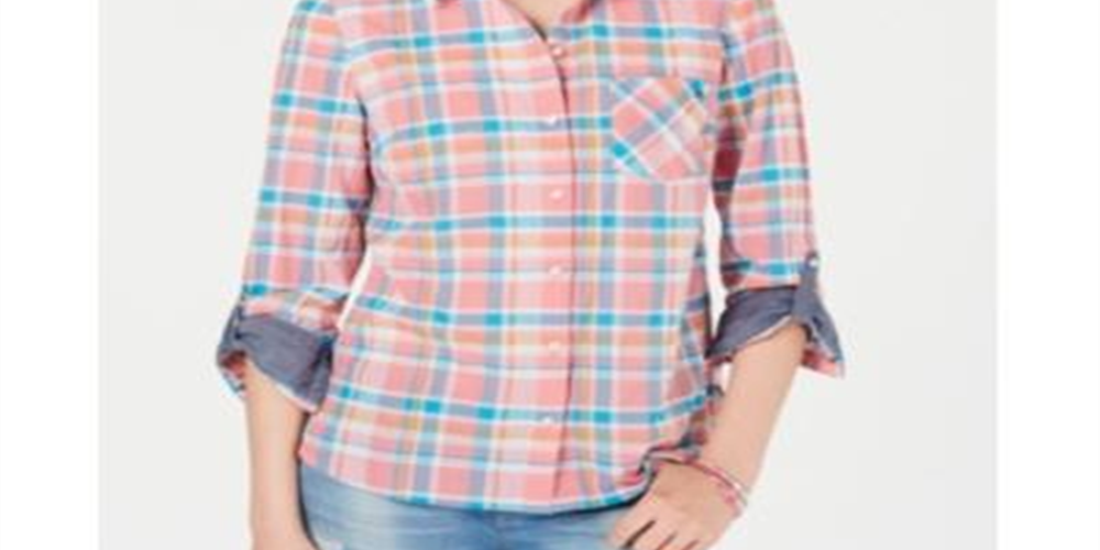 Camisa feminina Tommy Hilfiger com estampa xadrez e botões, tamanho médio, laranja