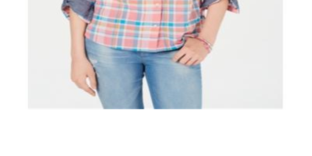 Camisa feminina Tommy Hilfiger com estampa xadrez e botões, tamanho médio, laranja