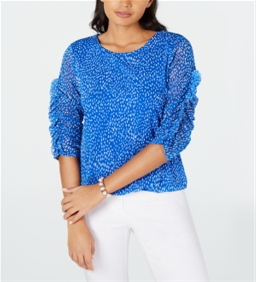 Blusa feminina Alfani com estampa de manga franzida e bolhas em malha, azul, tamanho pequeno G