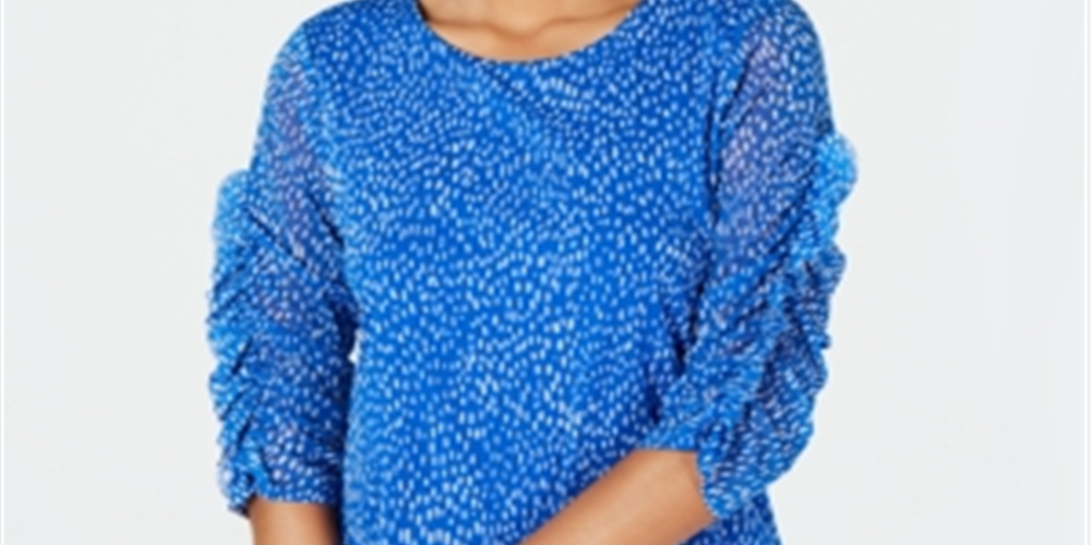 Blusa feminina Alfani com estampa de manga franzida e bolhas em malha, azul, tamanho pequeno G