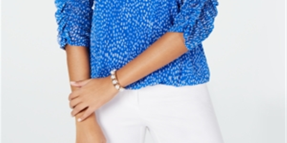 Blusa feminina Alfani com estampa de manga franzida e bolhas em malha, azul, tamanho pequeno G