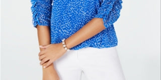 Blusa feminina Alfani com estampa de manga franzida e bolhas em malha, azul, tamanho pequeno G