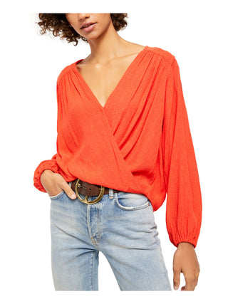 Blusa feminina de manga comprida com decote em V, laranja, tamanho extragrande, da Free People