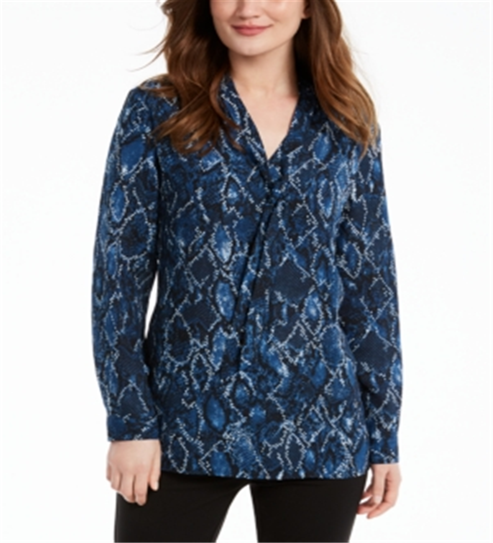 Blusa túnica feminina Nine West com gola amarrada, azul, tamanho médio