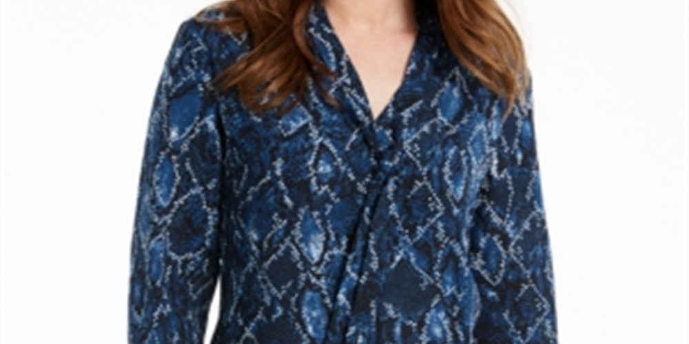 Blusa túnica feminina Nine West com gola amarrada, azul, tamanho médio