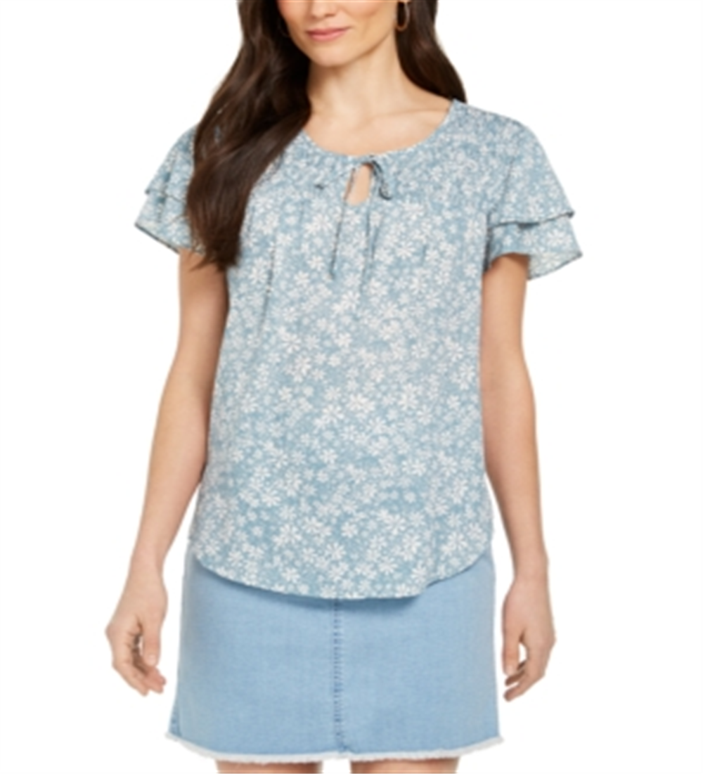 Blusa feminina estilo &amp; Co. com decote dividido e franzido, azul, tamanho pequeno