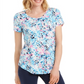 Camiseta feminina estampada com decote redondo da coleção JM, azul, tamanho médio