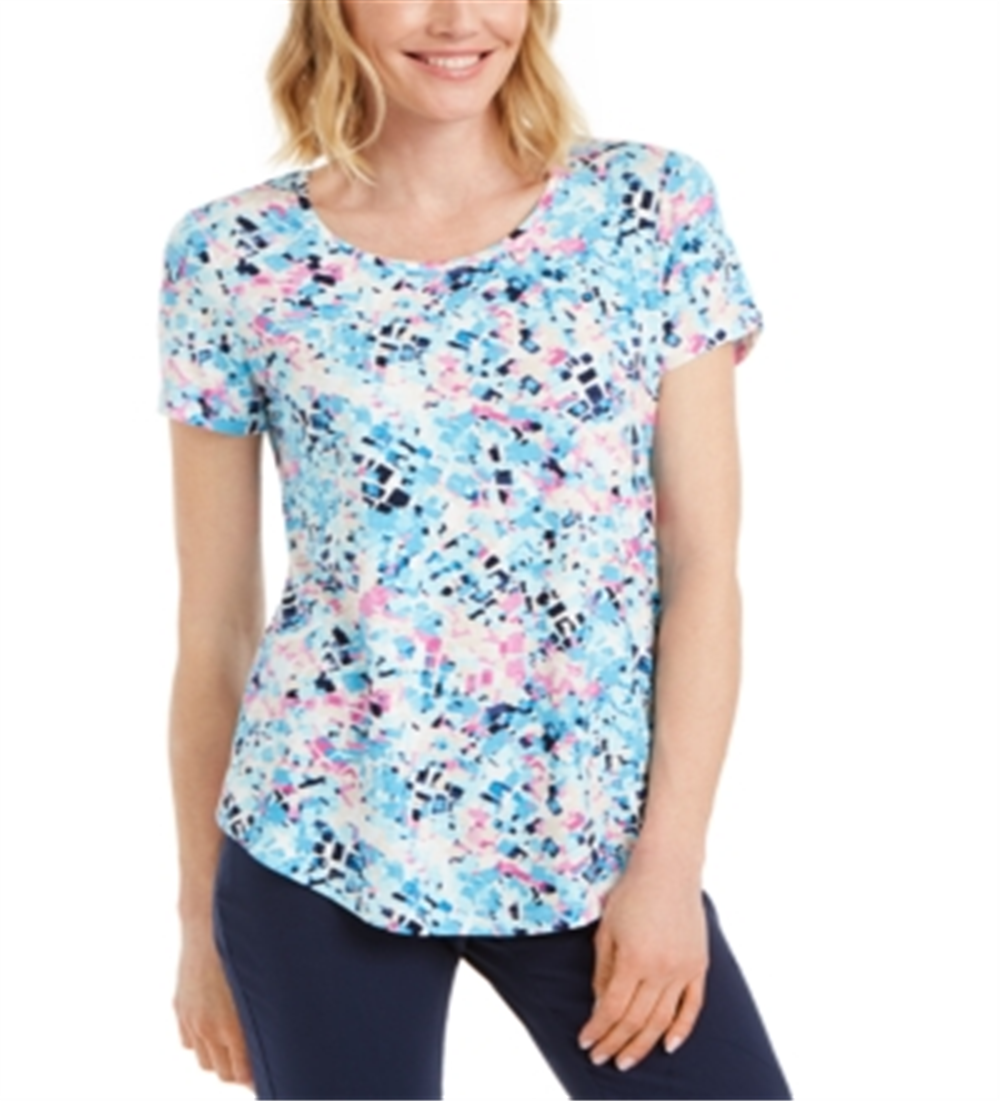 Camiseta feminina estampada com decote redondo da coleção JM, azul, tamanho médio