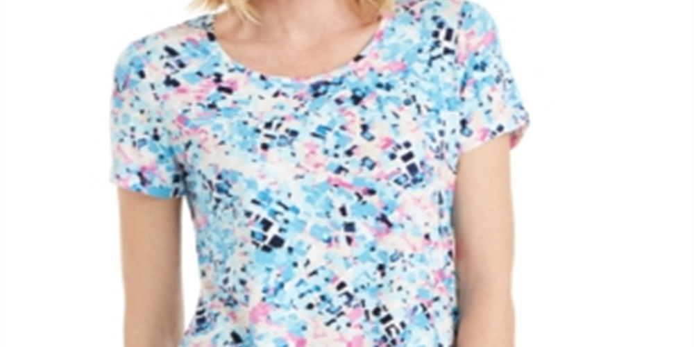 Camiseta feminina estampada com decote redondo da coleção JM, azul, tamanho médio