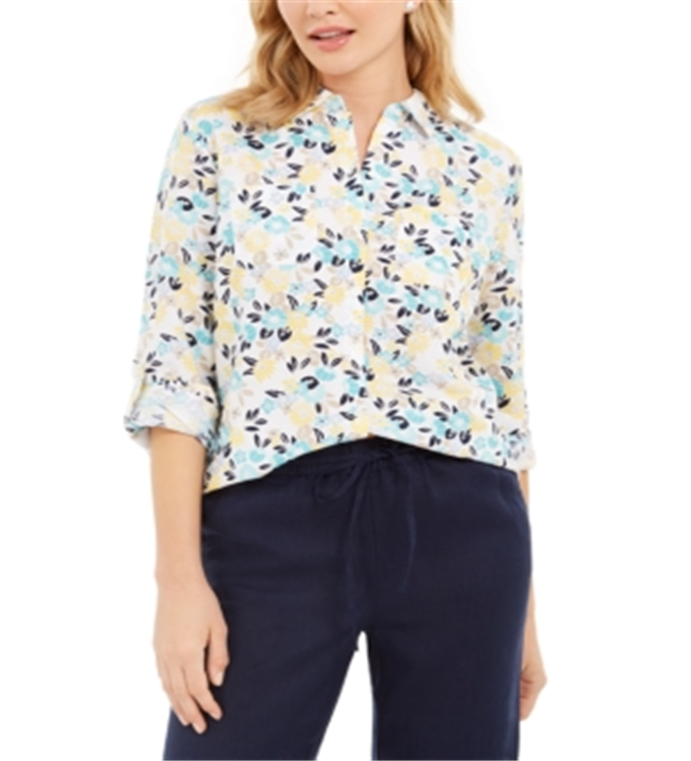 Blusa feminina Charter Club com estampa frontal de botões, em mistura de linho, branca, tamanho pequeno P