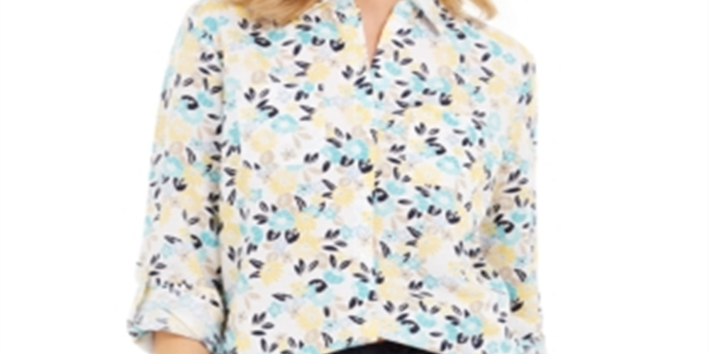 Blusa feminina Charter Club com estampa frontal de botões, em mistura de linho, branca, tamanho pequeno P