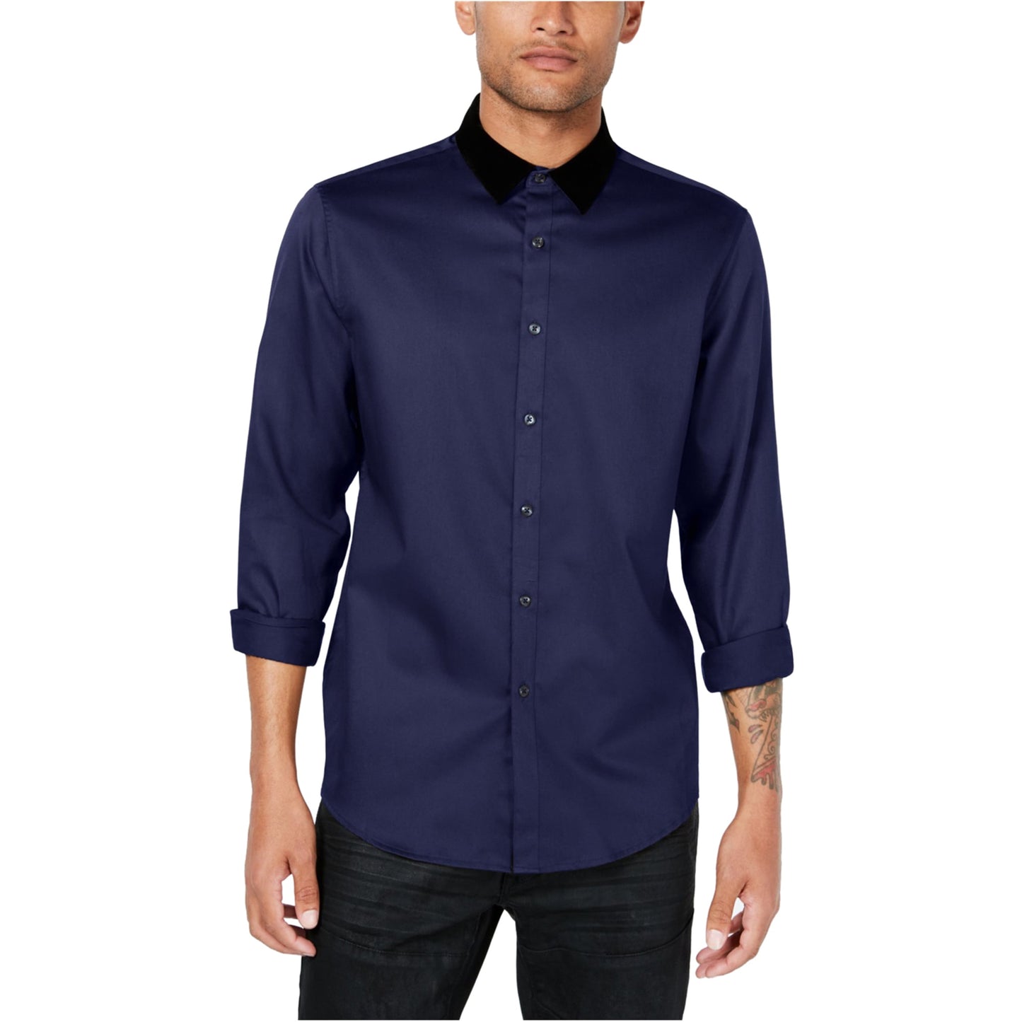 Camisa masculina com botões e gola de veludo da INC International Concepts, tamanho grande, azul-marinho