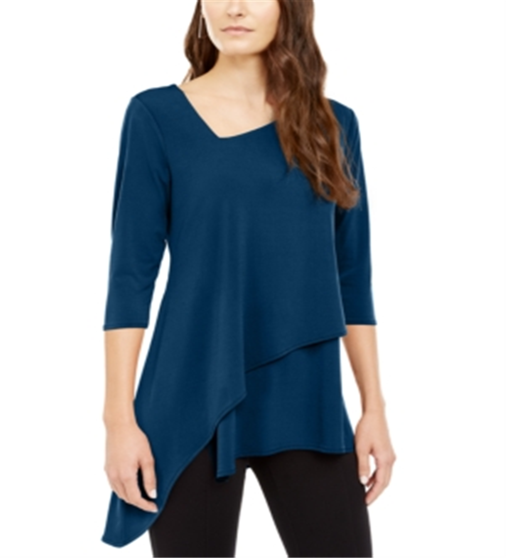 Blusa feminina Alfani com bainha assimétrica e manga 3/4, azul, tamanho XX-G