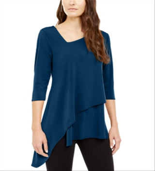 Blusa feminina Alfani com bainha assimétrica e manga 3/4, azul, tamanho XX-G
