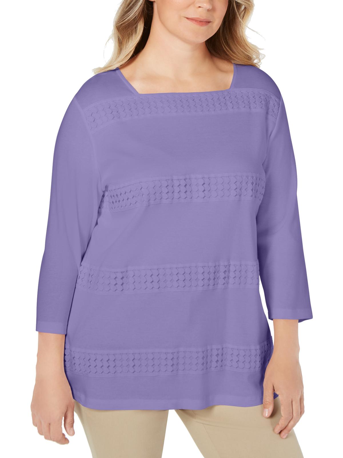 Blusa feminina Karen Scott Plus de algodão em crochê, roxa, tamanho 0X