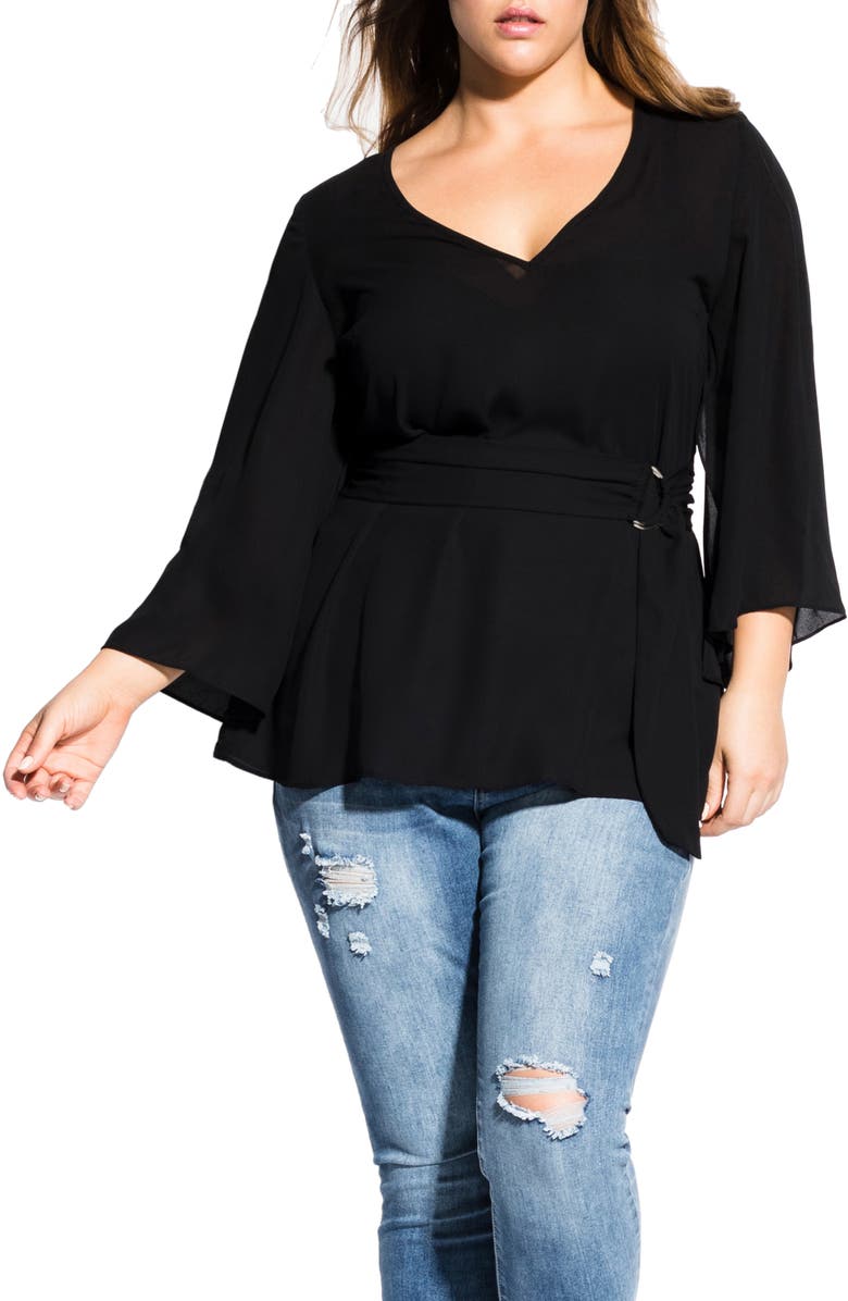 Top feminino City Chic Trendy Plus com cinto, preto, tamanho 20W