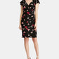 Vestido Ralph Lauren Feminino com Babados Florais, Manga Curta, Decote em V, Comprimento até o Joelho, Preto, Tamanho 0