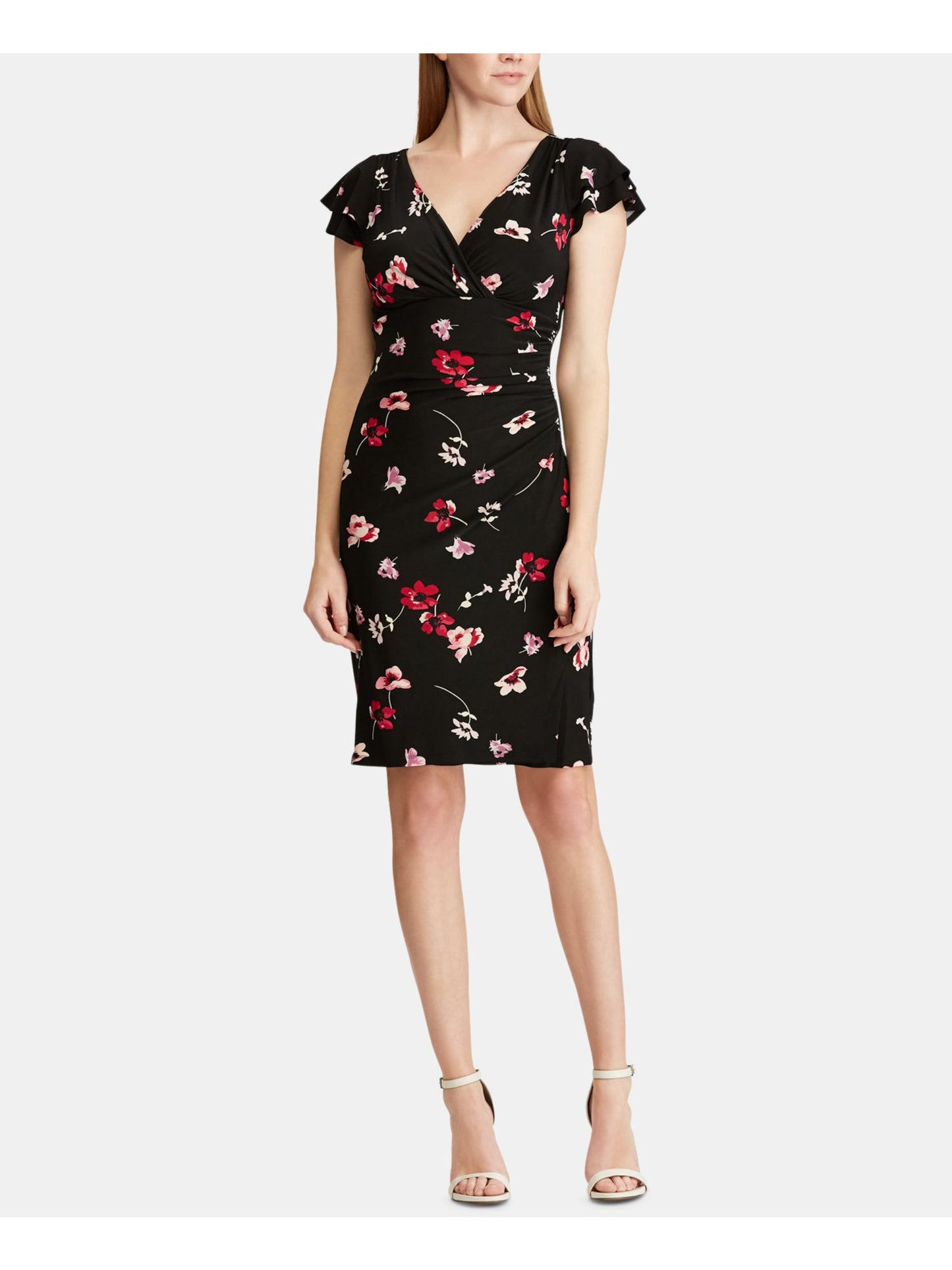 Vestido Ralph Lauren Feminino com Babados Florais, Manga Curta, Decote em V, Comprimento até o Joelho, Preto, Tamanho 0