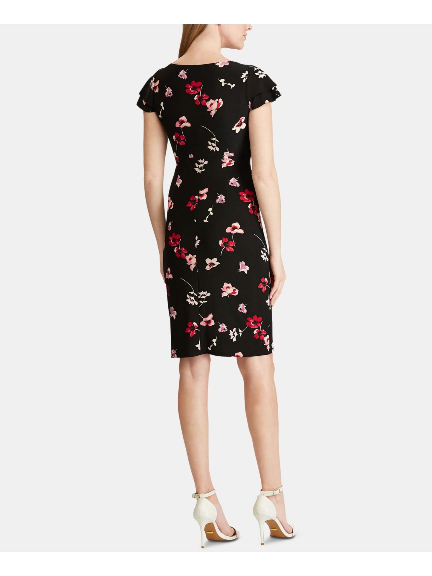 Vestido Ralph Lauren Feminino com Babados Florais, Manga Curta, Decote em V, Comprimento até o Joelho, Preto, Tamanho 0