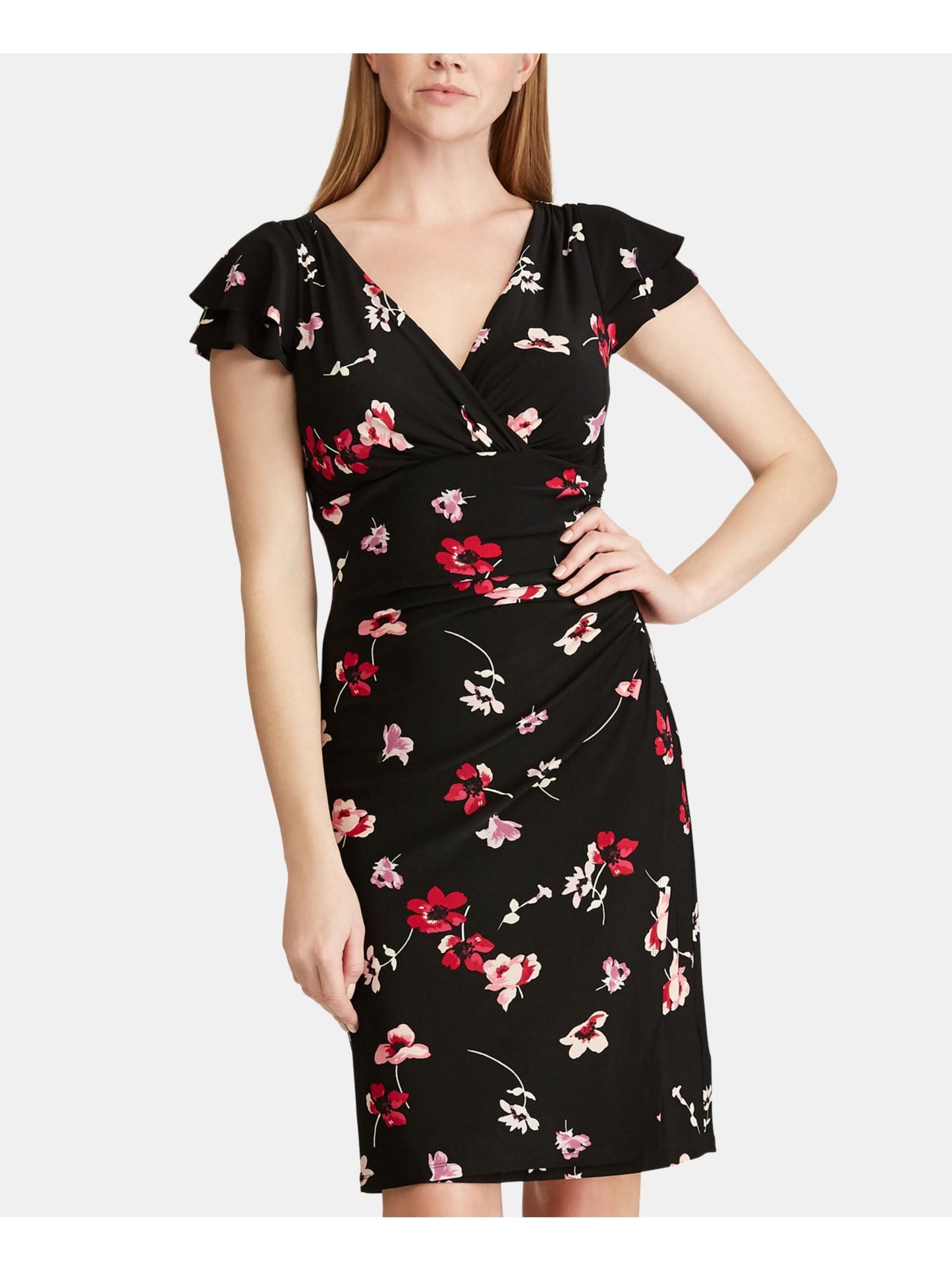 Vestido Ralph Lauren Feminino com Babados Florais, Manga Curta, Decote em V, Comprimento até o Joelho, Preto, Tamanho 0