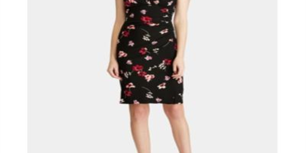 Vestido Ralph Lauren Feminino com Babados Florais, Manga Curta, Decote em V, Comprimento até o Joelho, Preto, Tamanho 0