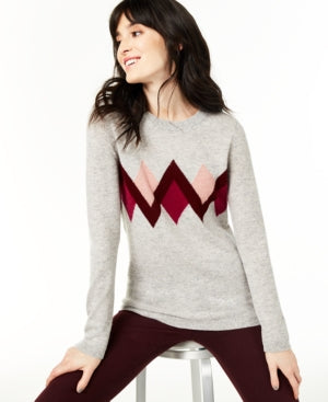 Suéter feminino de cashmere argyle cinza tamanho pequeno