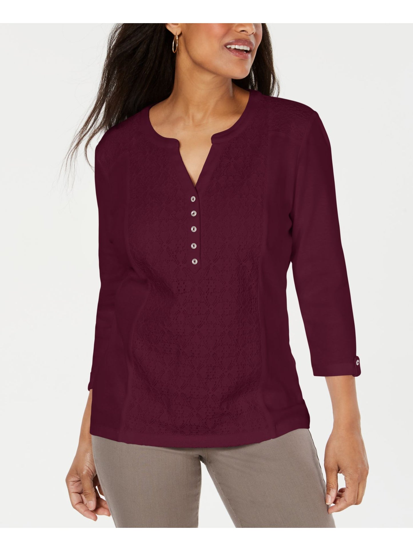 Karen Scott Suéter Feminino Loral Manga 3/4 com Botões Vinho Tamanho Pequeno X-Grande