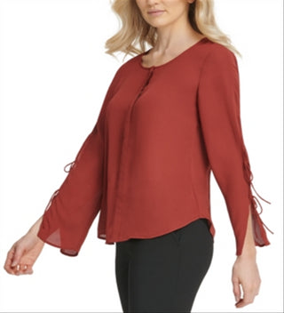 Blusa feminina DKNY com manga amarrada e decote em botão, marrom, tamanho 2XL