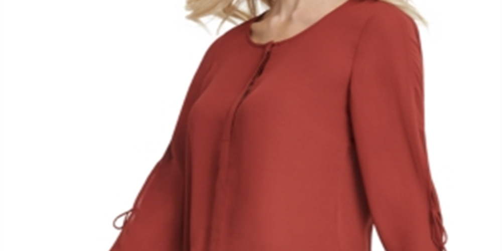 Blusa feminina DKNY com manga amarrada e decote em botão, marrom, tamanho 2XL