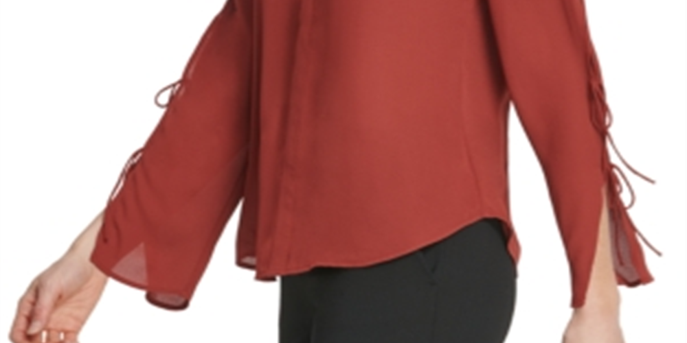 Blusa feminina DKNY com manga amarrada e decote em botão, marrom, tamanho 2XL